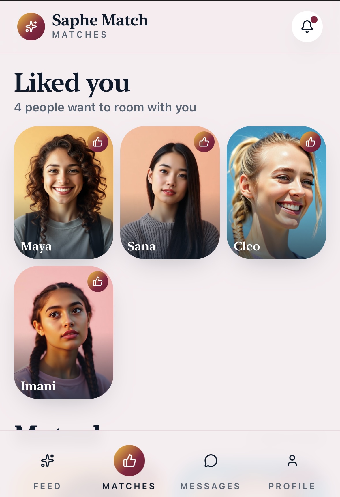Swipe, match, and lock in — Saphe app screen