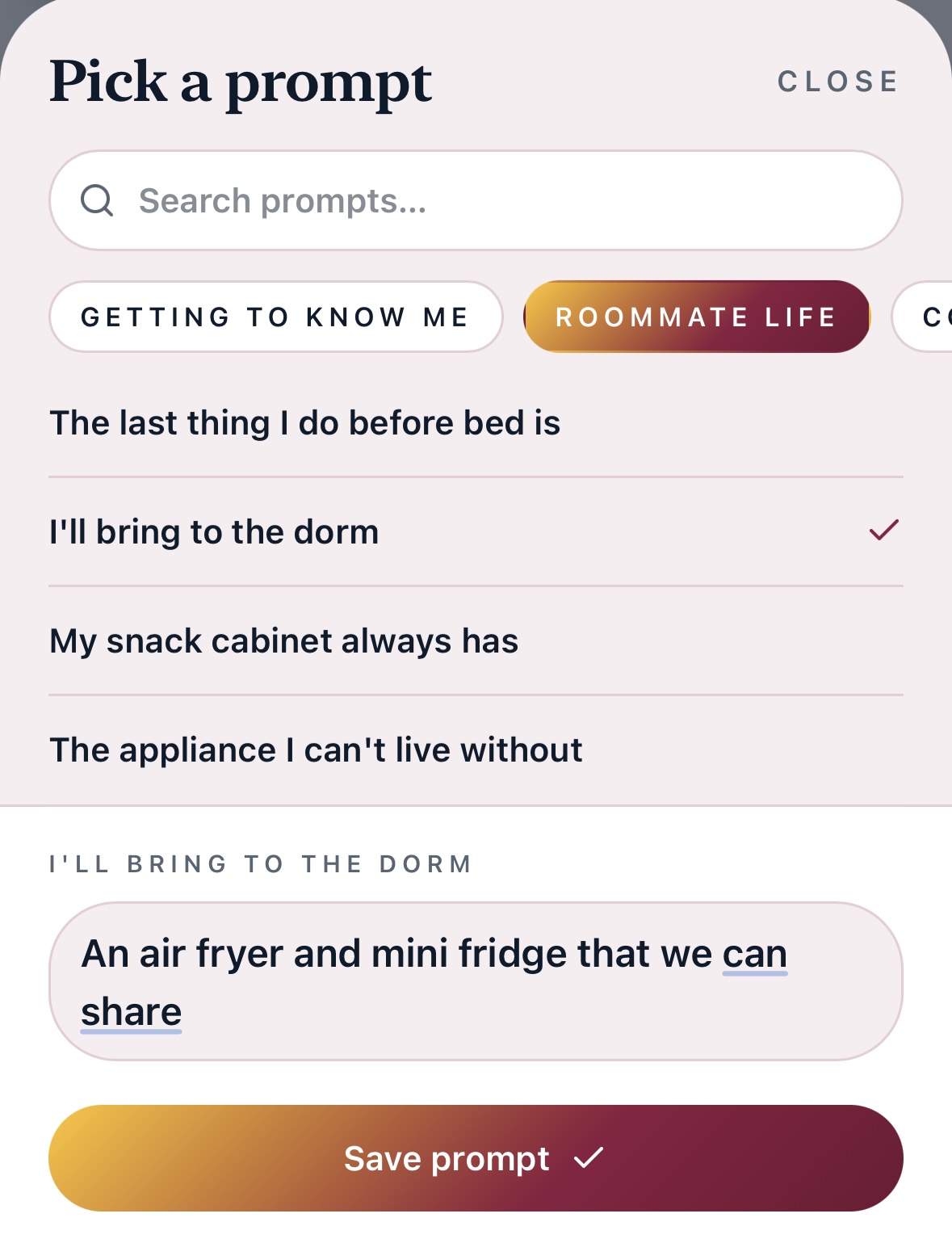 Pick prompts that are you — Saphe app screen